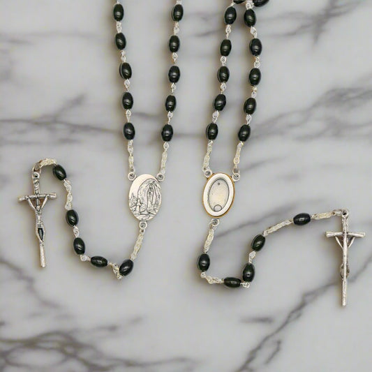 Lourdes Water Rosary with Black Oval Beads