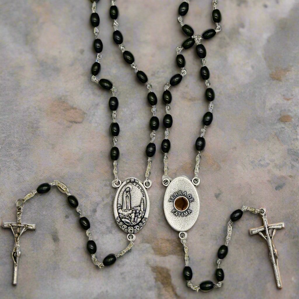 Black Glass Rosary with Fatima Medal and Papal Cross