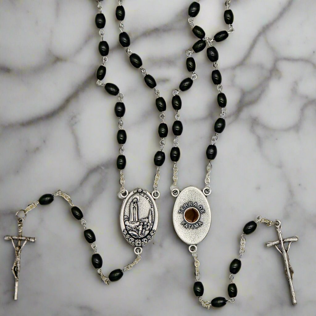 Black Glass Rosary with Fatima Medal and Papal Cross